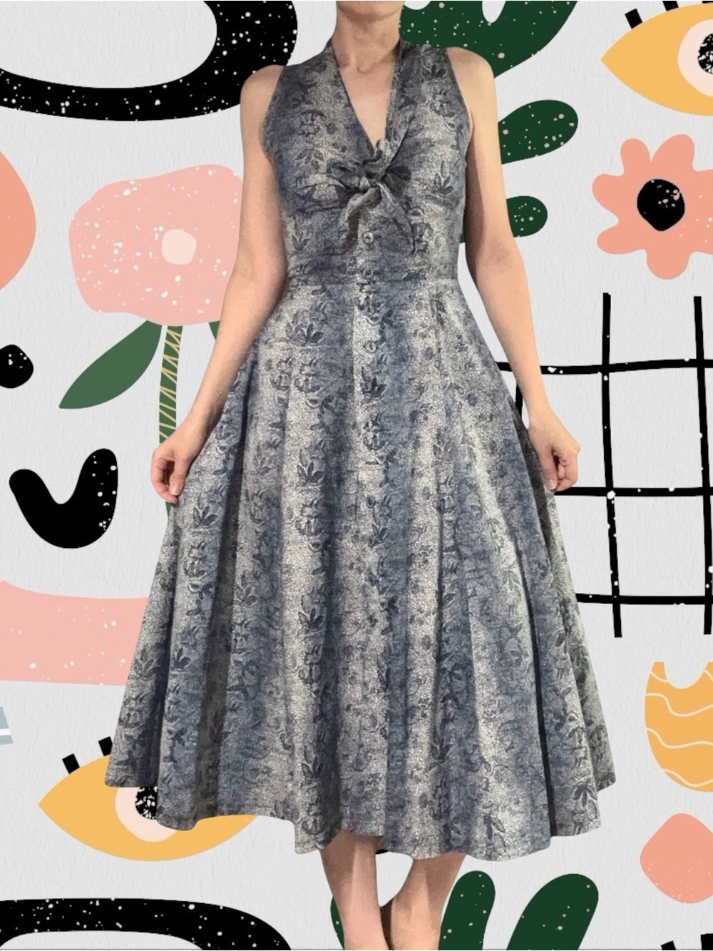 Paul Alexander | Vintage Button Front Knot Chest A-Line Midi Dress with Pockets